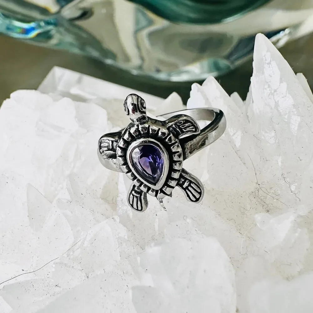 Stainless Steel Turtle Ring With Amethyst CZ